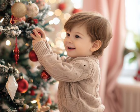 A joyful young child hangs colorful ornaments on a beautifully decorated Christmas tree surrounded by warm lights in a festive living room filled with holiday cheer.の素材