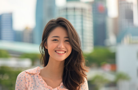 A woman with long dark hair smiles brightly while standing outdoors against a backdrop of tall city buildings under a clear sky.の素材