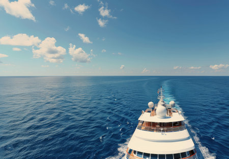 A large cruise ship glides smoothly across tranquil ocean waters, surrounded by a clear blue sky dotted with fluffy white clouds, creating a picturesque maritime scene.の素材