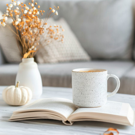 A warm and inviting living room features a cozy setup with a steaming cup of coffee placed on an open book. A small white pumpkin and a vase of dried flowers add seasonal charm to the tranquil atmosphere.の素材