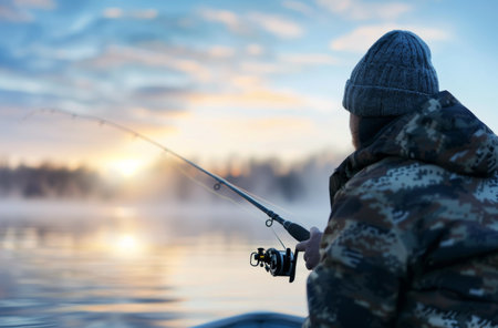 A man in a camo jacket and knitted hat fishes quietly from a small boat on a serene lake, surrounded by misty waters and the soft glow of dawn. The peaceful atmosphere reflects winters beauty.の素材