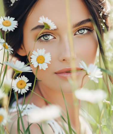 A young woman gazes softly amidst blooming daisies, her long hair gently swaying in the breeze. The bright flowers surround her, creating a serene and radiant summer atmosphere.の素材