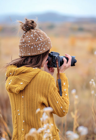 A young woman wearing a cozy yellow sweater and knit hat focuses on taking pictures of the beautiful autumn landscape, surrounded by golden grass under an overcast sky.の素材