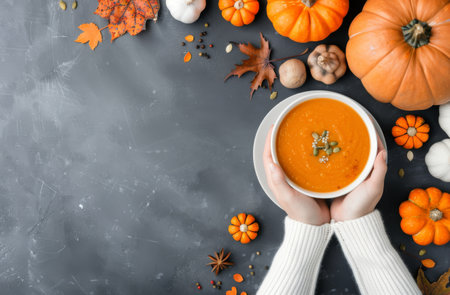 A bowl of creamy pumpkin soup garnished with seeds is held by hands amidst a fall arrangement of pumpkins, spices, and colorful autumn leaves, celebrating seasonal flavors and cozy warmth.の素材