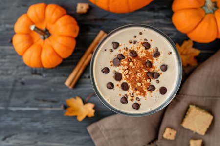 A delicious pumpkin smoothie topped with chocolate chips and crushed cinnamon, surrounded by decorative pumpkins and cinnamon sticks on a rustic wooden table.の素材