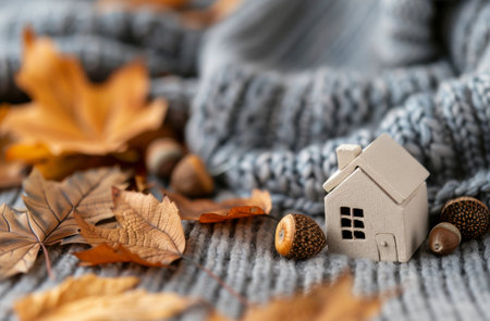 A miniature house rests on a soft gray knitted scarf, surrounded by scattered autumn leaves and acorns. The warm colors evoke a sense of comfort and seasonal change, creating a cozy atmosphere.の素材