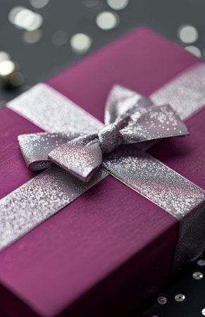 A stunning purple gift box adorned with a silver ribbon sits elegantly on a dark surface, complemented by festive decorations like shiny ornaments and pine cones, creating a warm holiday atmosphere.の素材