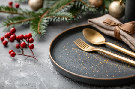 A beautifully arranged holiday table features a dark plate adorned with gold speckles, golden cutlery, a napkin tied with a ribbon, and festive greenery, enhancing the atmosphere for a festive dining experience.の素材