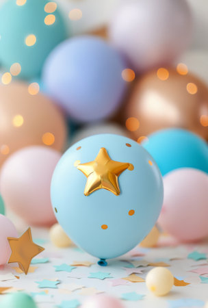 A light blue balloon adorned with a golden star stands out among various pastel-colored balloons and festive confetti, creating a cheerful atmosphere for a celebration.の素材