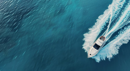 A sleek motor yacht navigates smoothly across tranquil waters as the sun sets, casting a warm glow on the surface. The boat leaves a trail of white foam, highlighting its speed and elegance.の素材