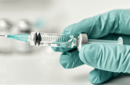 A healthcare worker in gloves holds a syringe filled with liquid, preparing to administer a vaccine. Two vials are also present, indicating readiness for the vaccination procedure in a clinical environment.の素材