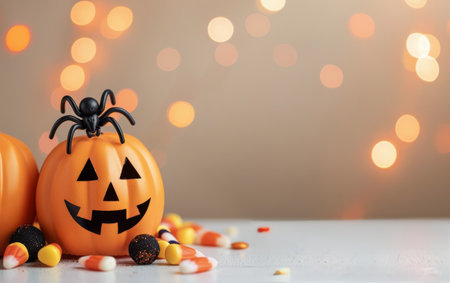 Cheerful orange pumpkins, one with a carved face, sit on a table surrounded by colorful candy corn and a small spider decoration against a warm, glowing background.の素材