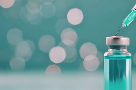 A syringe filled with a blue liquid approaches a sealed vaccine vial, ready for preparation against a soft, sparkling background that enhances the medical setting.の素材
