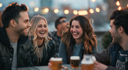 A group of four friends shares laughter and drinks at a lively outdoor gathering during sunset, surrounded by soft glowing lights that create a cheerful atmosphere.の素材