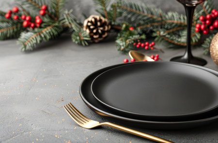 A beautifully arranged table setting featuring a sleek black plate, gold fork, and a glass of red wine. The backdrop includes pine branches and festive berries, creating a cozy atmosphere for holiday dining.の素材