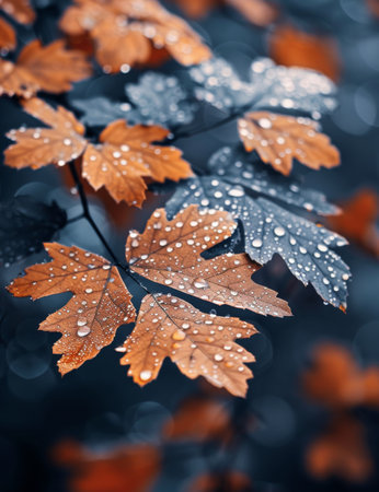 Colorful autumn leaves in shades of orange and blue rest on the ground, dotted with raindrops, capturing the essence of a rainy fall day in a peaceful forest.の素材