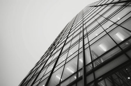 A sleek glass building stretches toward the sky, showing its reflective facade. The structure stands tall amidst overcast skies, emphasizing its contemporary architecture and design.の素材