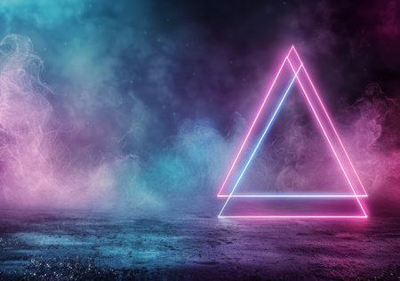 A vibrant neon triangle glows in shades of blue and pink against a dark, star-filled cosmos, creating an ethereal ambiance in the night sky.の素材