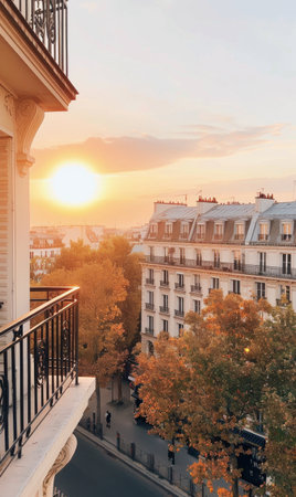 Elegant buildings line the street in Paris, reflecting warm sunset hues. The architecture showcases classic Parisian details, with balconies and wrought iron, creating a picturesque urban landscape.の素材