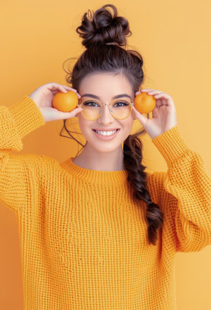 A cheerful young woman with glasses and a braided hairstyle smiles while holding oranges on either side of her face, surrounded by a vibrant yellow backdrop that enhances her playful demeanor.の素材