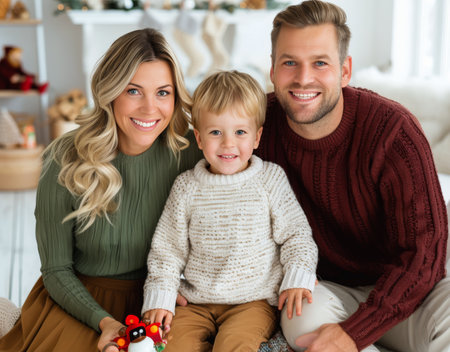 A joyful family is posing indoors, dressed in cozy sweaters. The young child holds a colorful toy while the parents beam with happiness. The decorated space reflects a festive atmosphere.の素材
