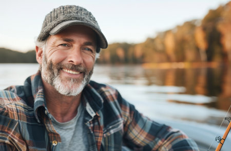 A cheerful man wearing a yellow jacket and gray beanie sits by the river, surrounded by vibrant autumn foliage. He exudes happiness and tranquility in nature's colorful backdrop on a chilly day.の素材