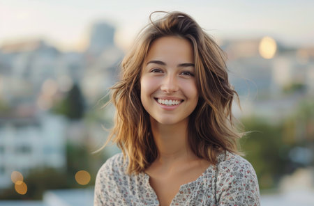 A cheerful woman with long, wavy hair stands on a rooftop, showcasing her bright smile against a backdrop of a bustling city skyline on a clear day.の素材