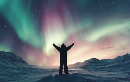 A figure stands with arms raised, captivated by the vibrant northern lights illuminating the night sky over a serene, snow-covered terrain. The colorful displays of green and pink create a magical atmosphere.の素材