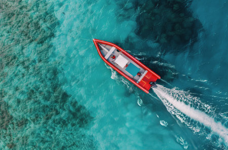 A vibrant red boat glides smoothly across crystal-clear turquoise waters, surrounded by stunning marine scenery. The boat's wake creates ripples, enhancing the breathtaking beauty of this tropical paradise.の素材
