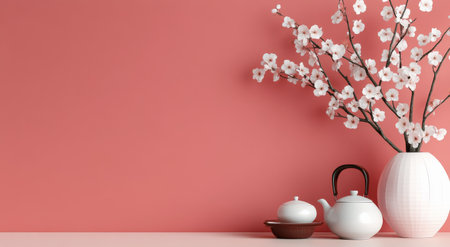 A serene arrangement features a white teapot and a cream-colored teacup alongside a tall vase filled with delicate blossoms, all set against a coral-colored wall.の素材