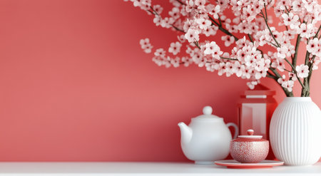 A serene arrangement features a white teapot and a cream-colored teacup alongside a tall vase filled with delicate blossoms, all set against a coral-colored wall.の素材