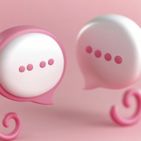 Two glossy heart-shaped speech bubbles in pink and white are positioned next to each other, set against a soft pink background, creating a playful and whimsical atmosphere.の素材