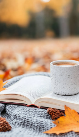 A steaming cup of coffee rests beside an open book on a blanket scattered with colorful autumn leaves, capturing the essence of a tranquil afternoon in a park during fall.の素材
