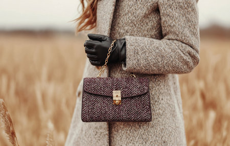 A person in a cozy coat and black gloves holds a fashionable clutch bag while standing in a field with tall grass. The soft colors and warm textures complement the serene autumn atmosphere.の素材