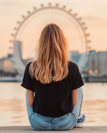 A young woman sits peacefully on the riverbank, facing the River Thames. The London Eye glows softly in the background as the sun sets, creating a serene atmosphere.の素材