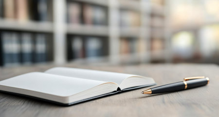 An open notebook lies on a wooden table alongside a stylish pen in a serene library filled with books.の素材