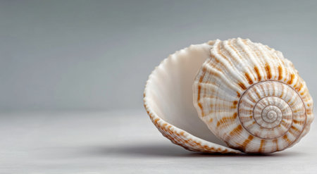 A beautifully patterned seashell rests on a sandy surface, showing its intricate details, while several other seashells appear softly out of focus in the background.の素材