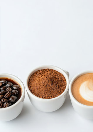 Coffee beans in one bowl and two types of ground coffee in separate bowls are arranged with scattered beans around them, showing the textures and colors of different coffee preparations.の素材