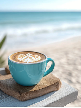 A turquoise coffee cup filled with beautifully crafted latte art sits on a wooden board beside soft sand and gentle waves under a clear blue sky.の素材