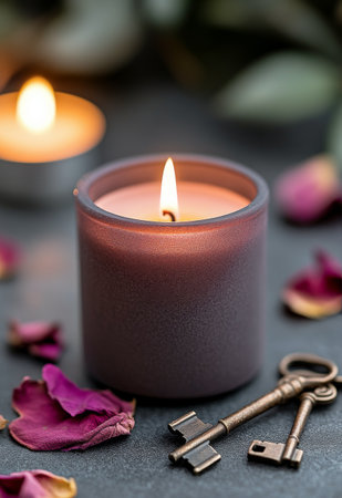 A softly glowing candle sits in a jar, surrounded by delicate rose petals and vintage keys, creating a warm and inviting atmosphere during the twilight hours.の素材
