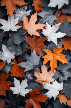 A variety of dark leaves cover a surface, with one distinct brown leaf standing out among the blacks, creating a visually striking contrast in texture and color.の素材