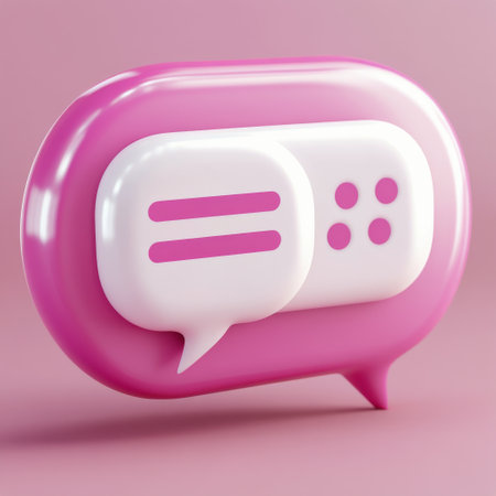 A three-dimensional speech bubble icon featuring two stylized pink elements, set against a soft pink backdrop, emphasizes digital communication and modern design aesthetics.の素材