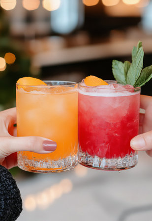 Two hands hold colorful cocktails, one orange with mint and lime, the other red with an orange slice. The vibrant drinks suggest a cheerful gathering or celebration.の素材