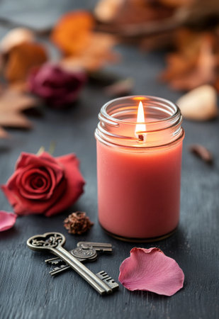 A softly glowing candle sits in a jar, surrounded by delicate rose petals and vintage keys, creating a warm and inviting atmosphere during the twilight hours.の素材