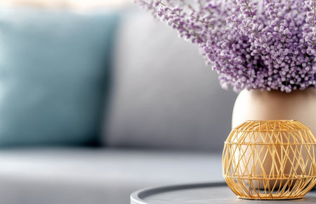 A bouquet of purple flowers arranged in a light gray vase sits elegantly on a white table, with a softly lit living room in the background, creating a serene and inviting atmosphere.の素材