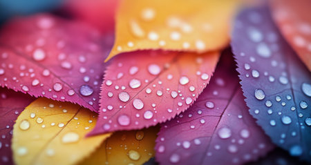 A collection of vibrant autumn leaves adorned with droplets of water rests upon a soft, blurred surface, creating a tranquil and picturesque atmosphere with subtle color variations.の素材