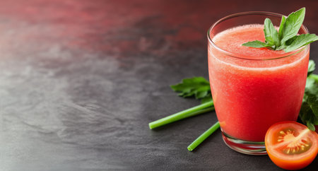 A hand holds a glass of vibrant tomato juice garnished with fresh green onions, accompanied by ripe tomatoes, all against a striking red backdrop.の素材
