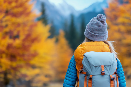 A hiker in an orange jacket and gray backpack captures the beauty of a colorful autumn forest. Surrounded by trees with vivid yellow and orange foliage, she seems immersed in nature's splendor.の素材