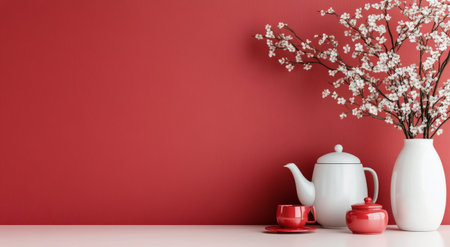 A teapot, a small cup, and a decorative jar are elegantly placed on a table, accompanied by a vase filled with delicate white flowers against a vibrant red wall.の素材
