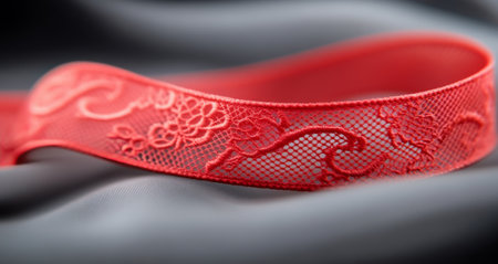 A vibrant red lace headband is delicately placed on soft, flowing gray fabric, showing its intricate design against the subtle texture of the backdrop.の素材